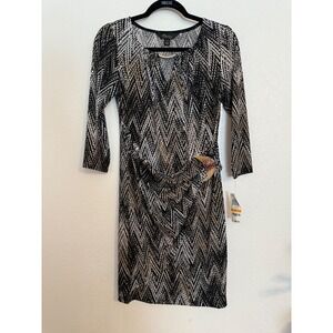Thalia Sodi Dress Womens Small Black Deep V Neck 3/4 Sleeve Sheath Party‎